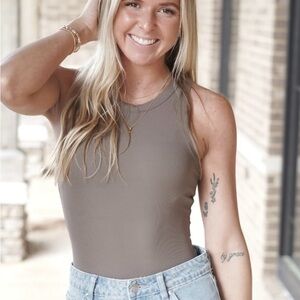 Spanx Women's Sleeveless Top in Taupe Sz L Soft Ribbed Bodysuit